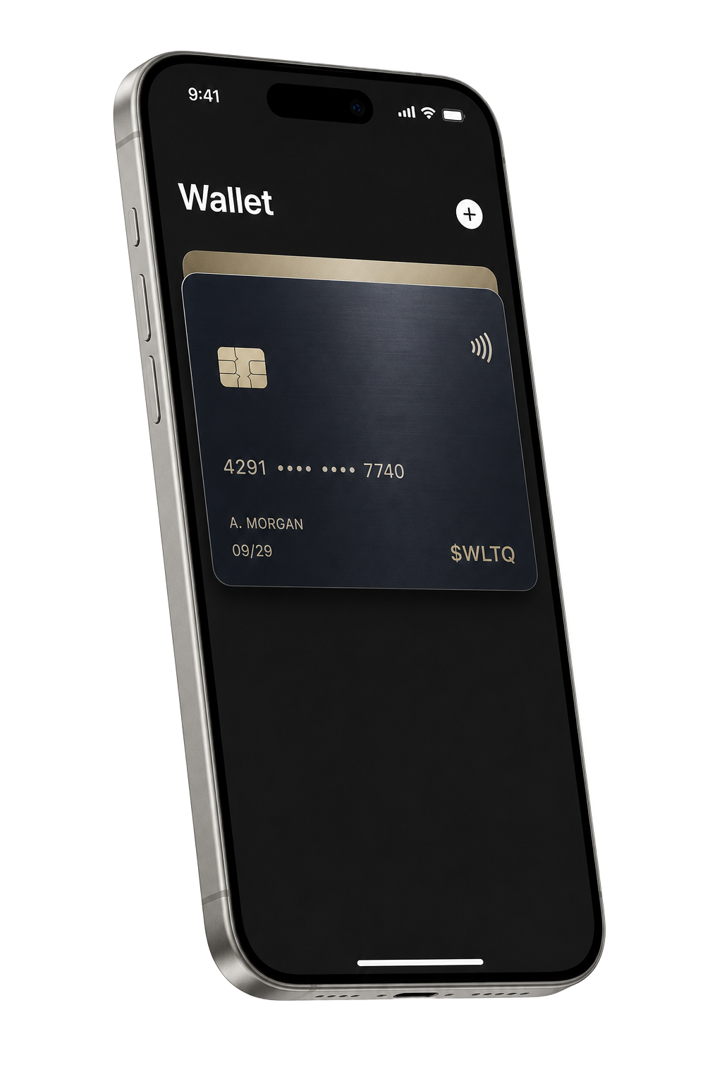 iPhone 17 Pro Max in natural titanium displaying the WallitIQ card